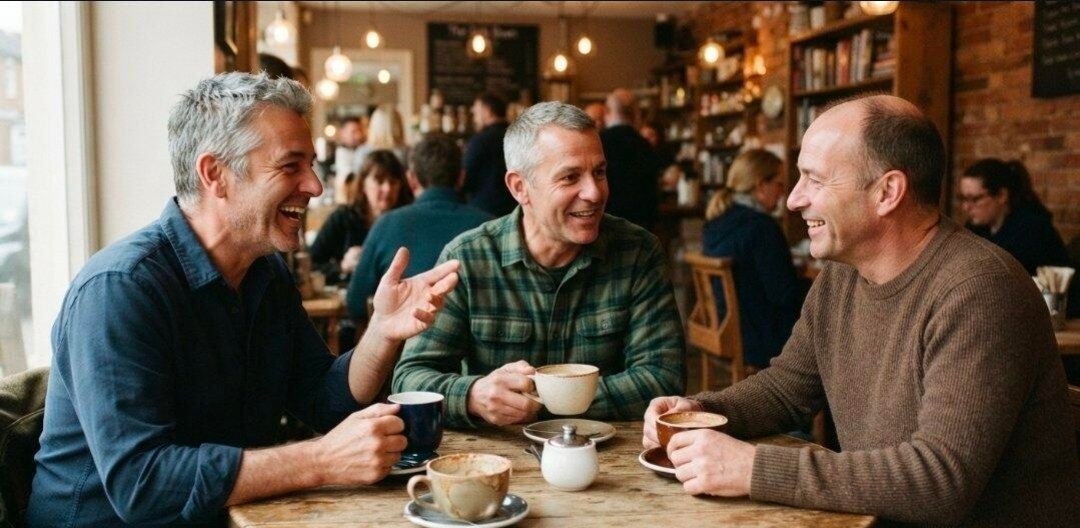 Three friends laughing over coffee at a wooden table in a busy café.