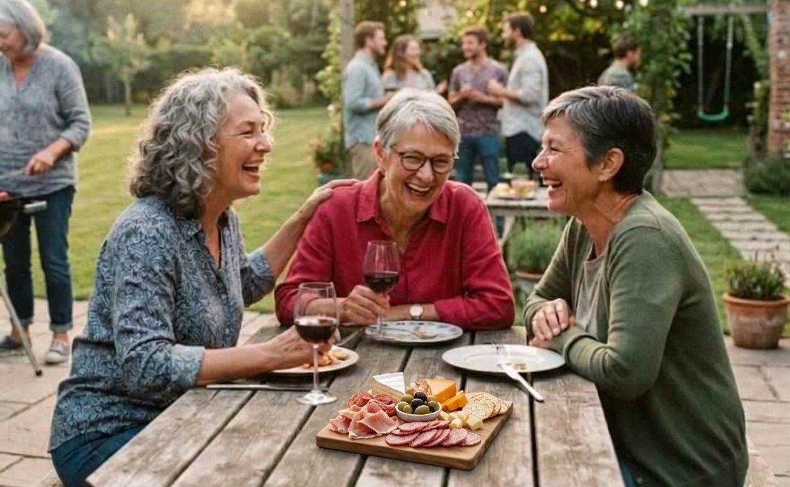 Three women in their sixties laughing over wine and a cheese board at a garden picnic table, friends chatting in the background.